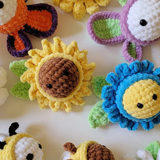 No Sew - Mini Stress Ball Buddies Garden Series Crochet Pattern, Daisy, Sunflower, Forget Me Not, Wasp, Quick Market, Easy Make, Flower, Bee
